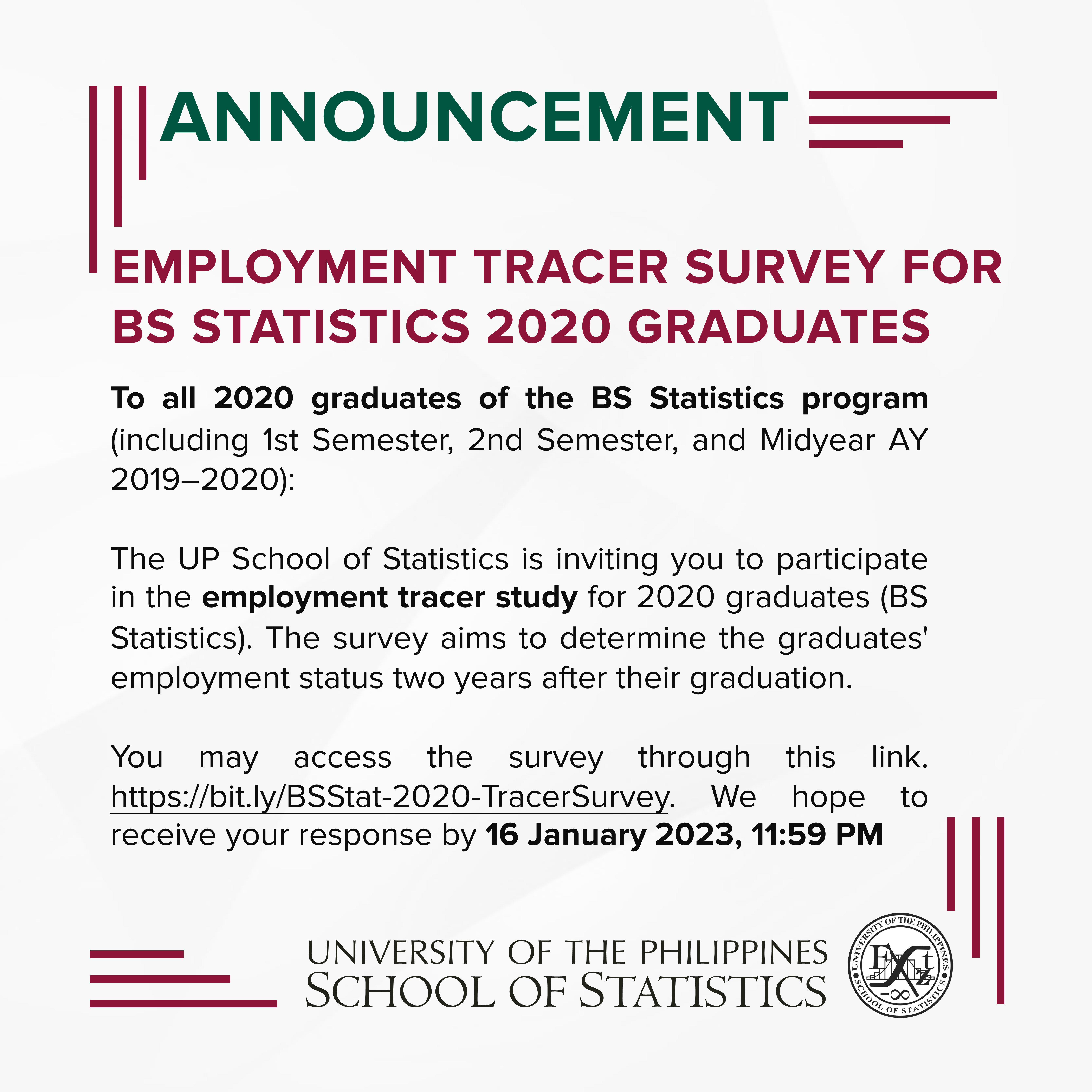 Image for Employment Tracer Survey for 2020 BS Statistics Graduates